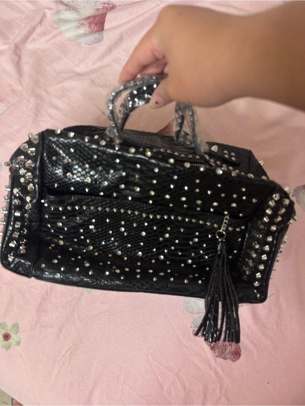 Black Faux Snakeskin Studded Satchel Shoulder Bag Y2K